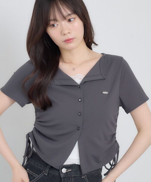 ems excite(エムズエキサイト)の「レイヤードサイドドロストカットソー(Tシャツ/カットソー・レディース・ダークブルー/チャコールグレー/ナチュラル・FREE)」の1枚目の写真