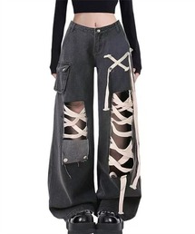 テープリボンレースアップワイドデニムパンツ
