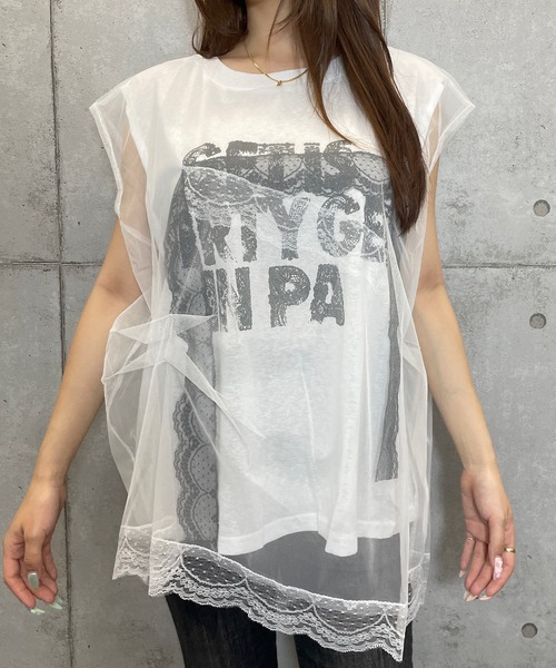 ROGER AND RAW(ロジャーアンドロウ)の「シフォンレースレイヤード プリントトップス(Tシャツ/カットソー・レディース・ホワイト/ブラック/グレー・FREE)」の4枚目の写真