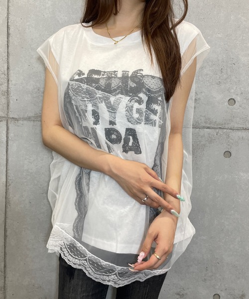 ROGER AND RAW(ロジャーアンドロウ)の「シフォンレースレイヤード プリントトップス(Tシャツ/カットソー・レディース・ホワイト/ブラック/グレー・FREE)」の5枚目の写真
