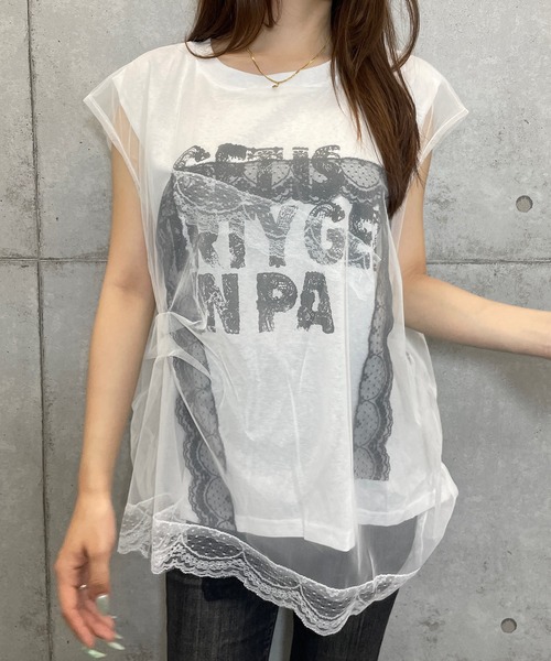 ROGER AND RAW(ロジャーアンドロウ)の「シフォンレースレイヤード プリントトップス(Tシャツ/カットソー・レディース・ホワイト/ブラック/グレー・FREE)」の6枚目の写真