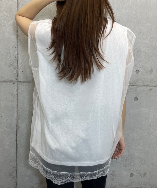 ROGER AND RAW(ロジャーアンドロウ)の「シフォンレースレイヤード プリントトップス(Tシャツ/カットソー・レディース・ホワイト/ブラック/グレー・FREE)」の8枚目の写真