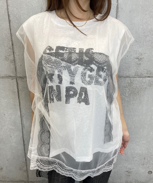 ROGER AND RAW(ロジャーアンドロウ)の「シフォンレースレイヤード プリントトップス(Tシャツ/カットソー・レディース・ホワイト/ブラック/グレー・FREE)」の9枚目の写真