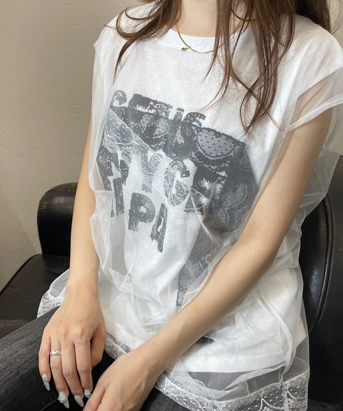 ROGER AND RAW(ロジャーアンドロウ)の「シフォンレースレイヤード プリントトップス(Tシャツ/カットソー・レディース・ホワイト/ブラック/グレー・FREE)」の10枚目の写真