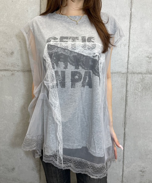 ROGER AND RAW(ロジャーアンドロウ)の「シフォンレースレイヤード プリントトップス(Tシャツ/カットソー・レディース・ホワイト/ブラック/グレー・FREE)」の12枚目の写真