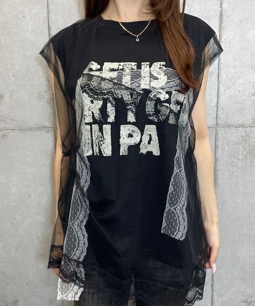 ROGER AND RAW(ロジャーアンドロウ)の「シフォンレースレイヤード プリントトップス(Tシャツ/カットソー・レディース・ホワイト/ブラック/グレー・FREE)」の18枚目の写真