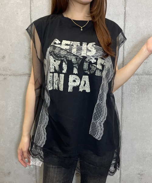 ROGER AND RAW(ロジャーアンドロウ)の「シフォンレースレイヤード プリントトップス(Tシャツ/カットソー・レディース・ホワイト/ブラック/グレー・FREE)」の19枚目の写真