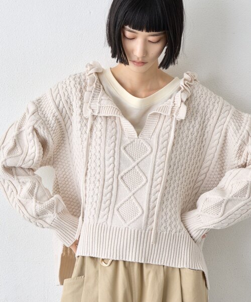 CIAOPANIC TYPY(チャオパニックティピー)の「∴衿フリルスキッパーケーブルニット(ニット/セーター・レディース・ブラック/アイボリー/バイオレット・ONE SIZE)」の2枚目の写真