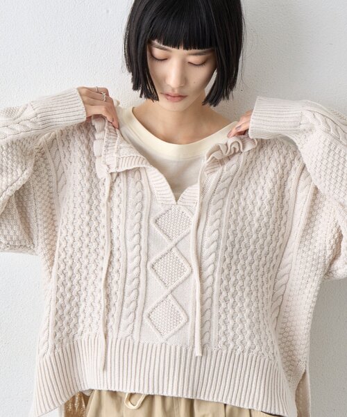 CIAOPANIC TYPY(チャオパニックティピー)の「∴衿フリルスキッパーケーブルニット(ニット/セーター・レディース・ブラック/アイボリー/バイオレット・ONE SIZE)」の18枚目の写真