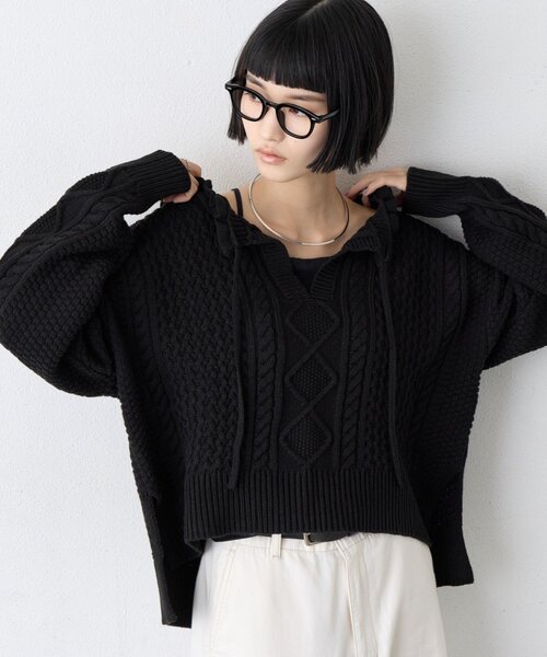 CIAOPANIC TYPY(チャオパニックティピー)の「∴衿フリルスキッパーケーブルニット(ニット/セーター・レディース・ブラック/アイボリー/バイオレット・ONE SIZE)」の6枚目の写真