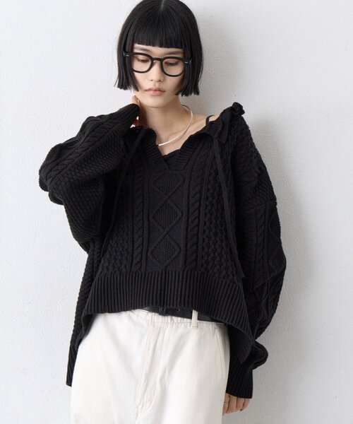 CIAOPANIC TYPY(チャオパニックティピー)の「∴衿フリルスキッパーケーブルニット(ニット/セーター・レディース・ブラック/アイボリー/バイオレット・ONE SIZE)」の7枚目の写真