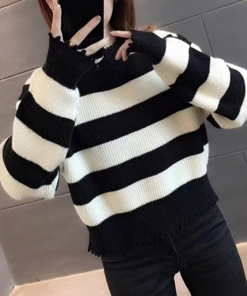 Beststore(ベストストア)の「ダメージ加工 ボーダー柄 クルーネック ショート丈 ニット セーター トップス レディース(ニット/セーター・レディース・カーキ/ブラウン系/ブラック系・FREE)」の2枚目の写真
