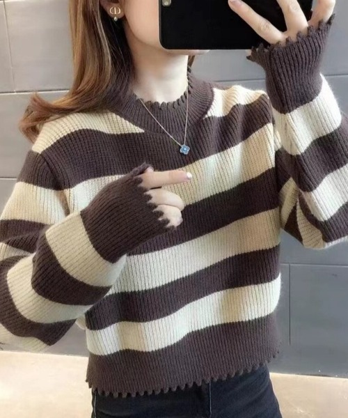 Beststore(ベストストア)の「ダメージ加工 ボーダー柄 クルーネック ショート丈 ニット セーター トップス レディース(ニット/セーター・レディース・カーキ/ブラウン系/ブラック系・FREE)」の3枚目の写真