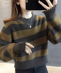 ダメージ加工 ボーダー柄 クルーネック ショート丈 ニット セーター トップス レディース