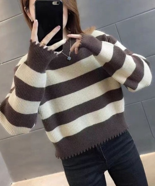 Beststore(ベストストア)の「ダメージ加工 ボーダー柄 クルーネック ショート丈 ニット セーター トップス レディース(ニット/セーター・レディース・カーキ/ブラウン系/ブラック系・FREE)」の6枚目の写真