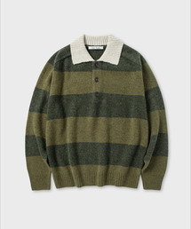 ストライプウールカラー ニット_KHAKI