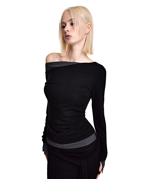 SECONDMONO（セカンドモノローグ）の「スリムフィット レイヤード オフショルダートップ [BLACK]_SEWTS039BLACK（Tシャツ/カットソー・レディース・その他・F）」の2枚目の写真