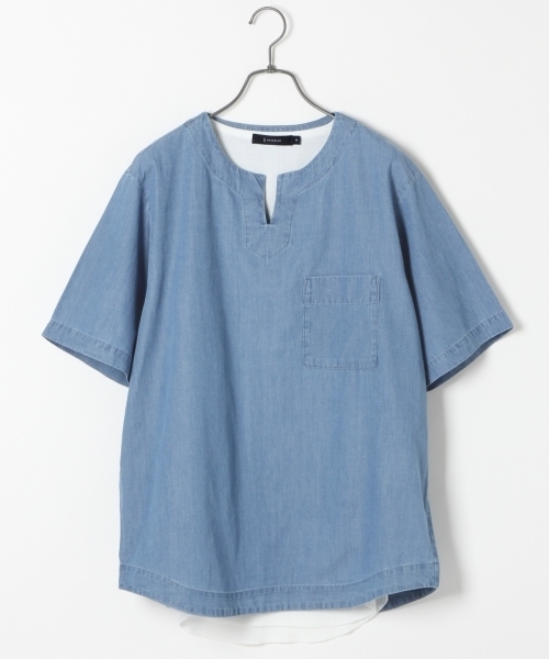 RAGEBLUE（レイジブルー）の「綿麻デニムキーネック/723283（シャツ/ブラウス・メンズ・ライトブルー/ネイビー・MEDIUM/LARGE）」の2枚目の写真