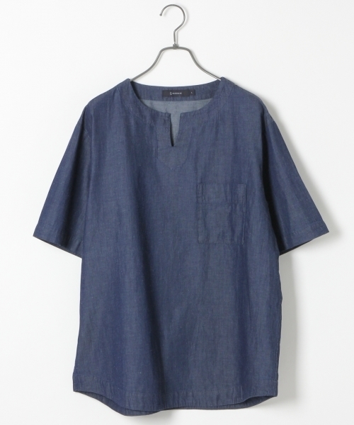 RAGEBLUE（レイジブルー）の「綿麻デニムキーネック/723283（シャツ/ブラウス・メンズ・ライトブルー/ネイビー・MEDIUM/LARGE）」の3枚目の写真