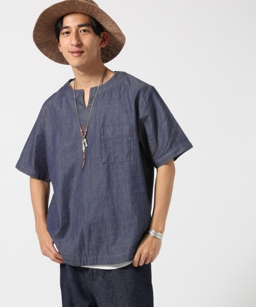 RAGEBLUE（レイジブルー）の「綿麻デニムキーネック/723283（シャツ/ブラウス・メンズ・ライトブルー/ネイビー・MEDIUM/LARGE）」の4枚目の写真