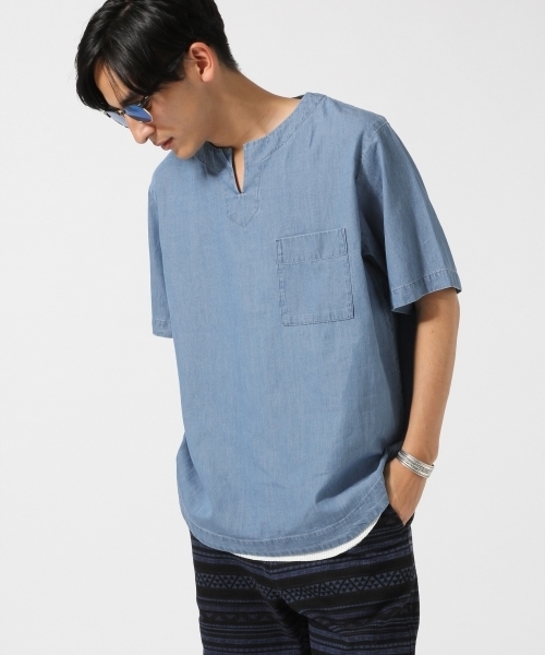 RAGEBLUE（レイジブルー）の「綿麻デニムキーネック/723283（シャツ/ブラウス・メンズ・ライトブルー/ネイビー・MEDIUM/LARGE）」の13枚目の写真