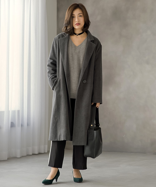 Re:EDIT（リエディ）の「[リエディ]裏地付きあったかチェスターコートアウター/コート（チェスターコート・レディース・キャメル/ライトグレー/タン/ベージュ系その他/グレー/チャコールグレー/ダークベージュ/アッシュグレー/トップグレー/ブラック/ピンクベージュ/ベージュ/ダークグレー/ダークブラック・LARGE/MEDIUM）」の4枚目の写真