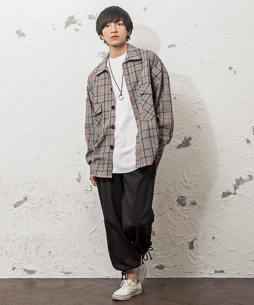 メンズグレンチェックビッグポケットオーバーサイズシャツ（シャツ