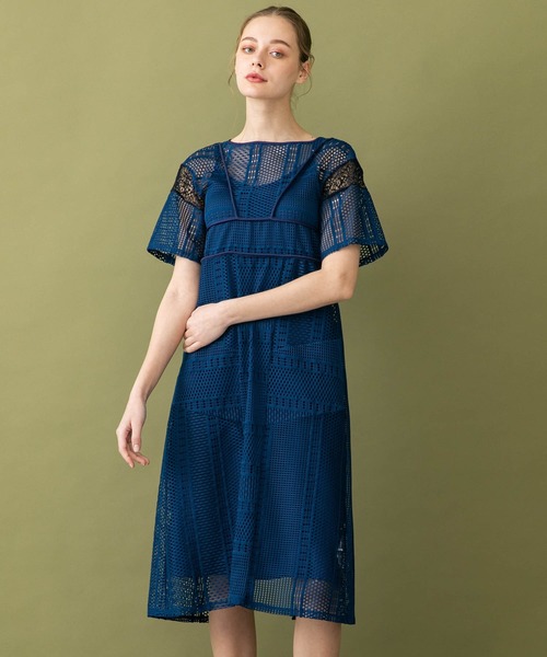 ユナイテッドトウキョウ 日本製 レース切替ワンピース 長袖 紺色
