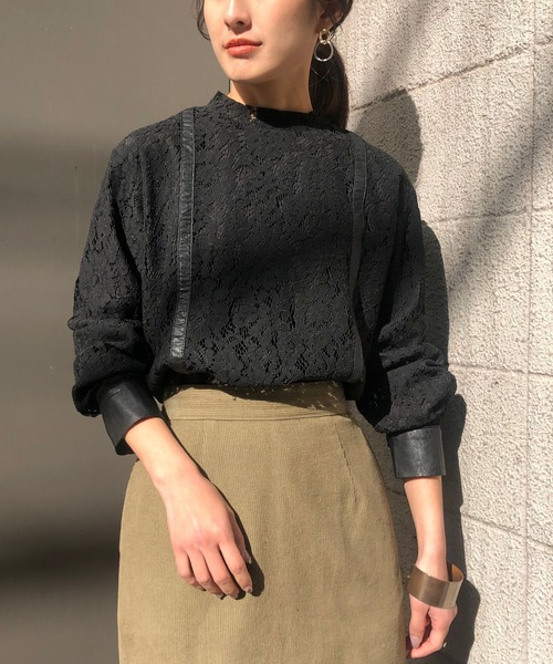 &g'aime（アンジェム）の「【&g'aime】レース×レザーブラウス（シャツ/ブラウス・レディース・チャコールグレー/ブラック/モカ・FREE）」の5枚目の写真