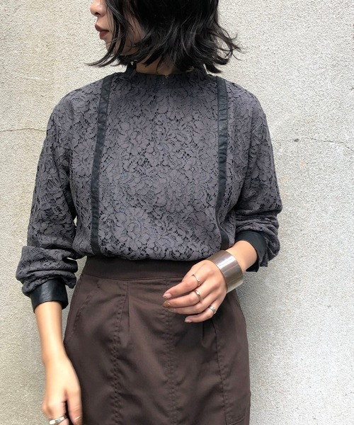 &g'aime（アンジェム）の「【&g'aime】レース×レザーブラウス（シャツ/ブラウス・レディース・チャコールグレー/ブラック/モカ・FREE）」の9枚目の写真
