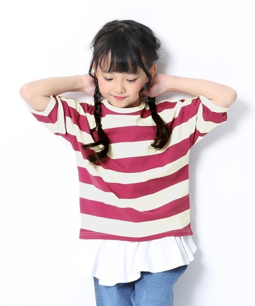 devirock（デビロック）の「ワイドボーダーゆるっとTシャツ（Tシャツ/カットソー・キッズ・スモークピンク/レッド系その他/グレー系その他/ブルーグレー/ブラック/ラベンダー/キャメル/ダークオリーブ/モカ/ネイビー/パープル系その他/サックスブルー・150cm/140cm/90cm/120cm/100cm/80ｃｍ/110cm/160cm/130cm）」の12枚目の写真