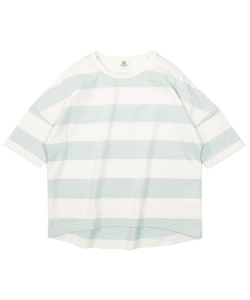 devirock（デビロック）の「ワイドボーダーゆるっとTシャツ（Tシャツ/カットソー・キッズ・スモークピンク/レッド系その他/グレー系その他/ブルーグレー/ブラック/ラベンダー/キャメル/ダークオリーブ/モカ/ネイビー/パープル系その他/サックスブルー・150cm/140cm/90cm/120cm/100cm/80ｃｍ/110cm/160cm/130cm）」の13枚目の写真