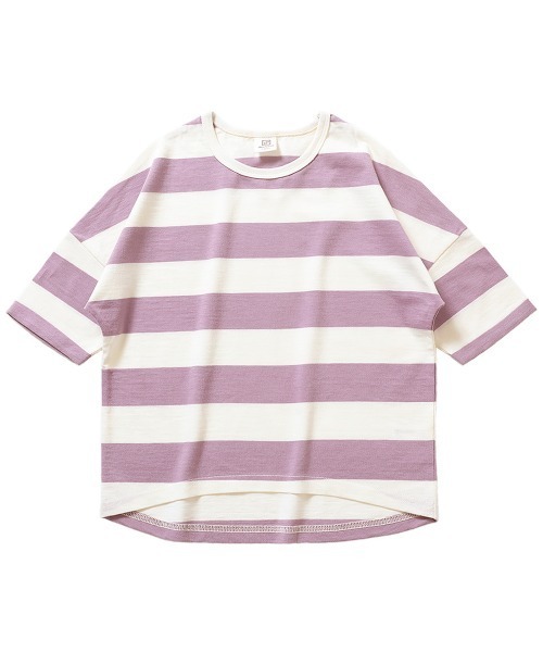 devirock（デビロック）の「ワイドボーダーゆるっとTシャツ（Tシャツ/カットソー・キッズ・スモークピンク/レッド系その他/グレー系その他/ブルーグレー/ブラック/ラベンダー/キャメル/ダークオリーブ/モカ/ネイビー/パープル系その他/サックスブルー・150cm/140cm/90cm/120cm/100cm/80ｃｍ/110cm/160cm/130cm）」の14枚目の写真