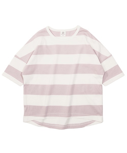 devirock（デビロック）の「ワイドボーダーゆるっとTシャツ（Tシャツ/カットソー・キッズ・スモークピンク/レッド系その他/グレー系その他/ブルーグレー/ブラック/ラベンダー/キャメル/ダークオリーブ/モカ/ネイビー/パープル系その他/サックスブルー・150cm/140cm/90cm/120cm/100cm/80ｃｍ/110cm/160cm/130cm）」の15枚目の写真
