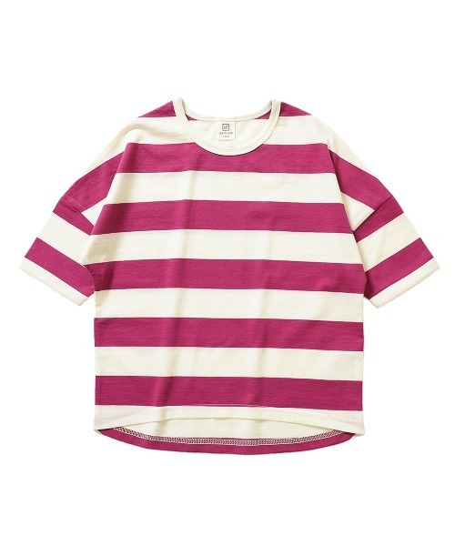 devirock（デビロック）の「ワイドボーダーゆるっとTシャツ（Tシャツ/カットソー・キッズ・スモークピンク/レッド系その他/グレー系その他/ブルーグレー/ブラック/ラベンダー/キャメル/ダークオリーブ/モカ/ネイビー/パープル系その他/サックスブルー・150cm/140cm/90cm/120cm/100cm/80ｃｍ/110cm/160cm/130cm）」の18枚目の写真