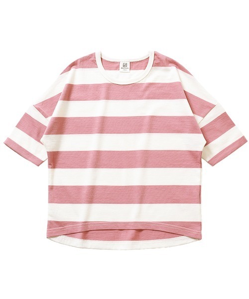 devirock（デビロック）の「ワイドボーダーゆるっとTシャツ（Tシャツ/カットソー・キッズ・スモークピンク/レッド系その他/グレー系その他/ブルーグレー/ブラック/ラベンダー/キャメル/ダークオリーブ/モカ/ネイビー/パープル系その他/サックスブルー・150cm/140cm/90cm/120cm/100cm/80ｃｍ/110cm/160cm/130cm）」の17枚目の写真