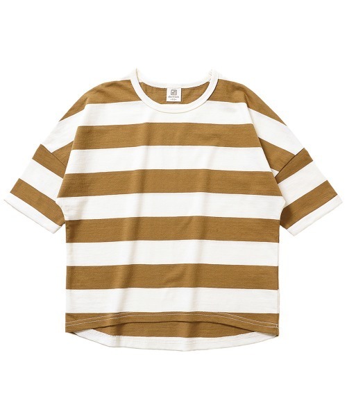 devirock（デビロック）の「ワイドボーダーゆるっとTシャツ（Tシャツ/カットソー・キッズ・スモークピンク/レッド系その他/グレー系その他/ブルーグレー/ブラック/ラベンダー/キャメル/ダークオリーブ/モカ/ネイビー/パープル系その他/サックスブルー・150cm/140cm/90cm/120cm/100cm/80ｃｍ/110cm/160cm/130cm）」の16枚目の写真