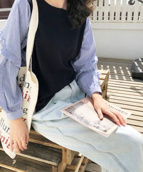 emi+（エミプラス）の「異素材ドッキングストライプシャツ/ブラウス（Tシャツ/カットソー・レディース・ブラック/ネイビー・FREE）」の3枚目の写真