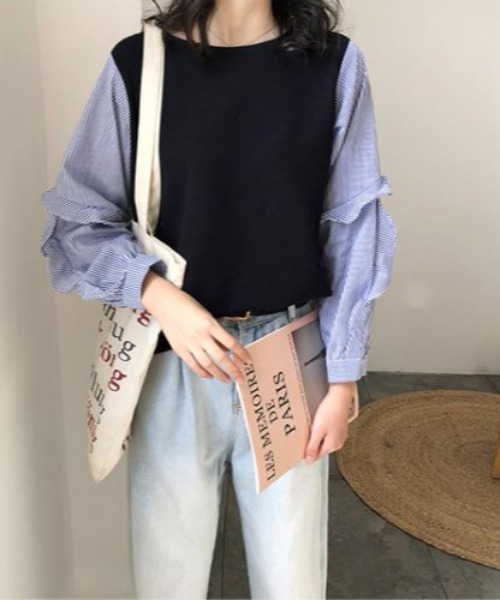 emi+（エミプラス）の「異素材ドッキングストライプシャツ/ブラウス（Tシャツ/カットソー・レディース・ブラック/ネイビー・FREE）」の10枚目の写真