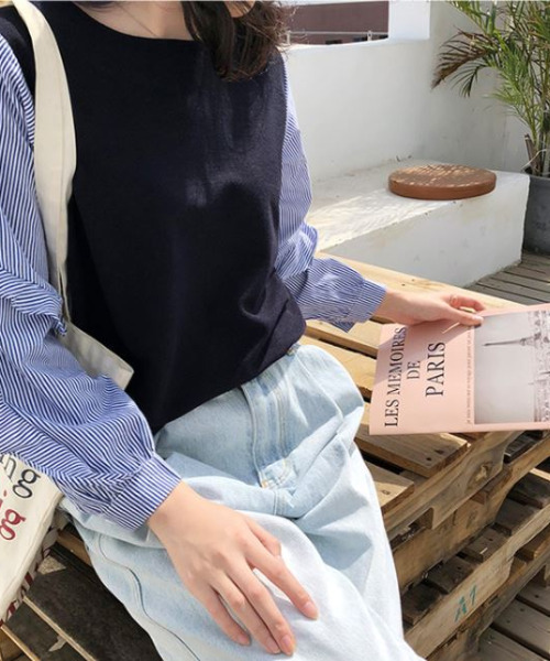 emi+（エミプラス）の「異素材ドッキングストライプシャツ/ブラウス（Tシャツ/カットソー・レディース・ブラック/ネイビー・FREE）」の13枚目の写真