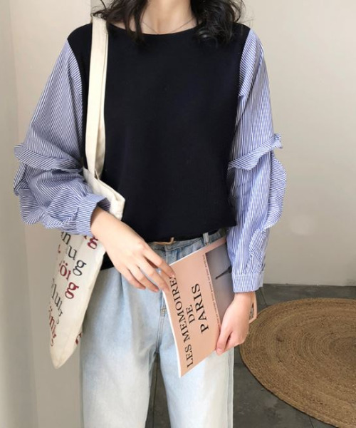 emi+（エミプラス）の「異素材ドッキングストライプシャツ/ブラウス（Tシャツ/カットソー・レディース・ブラック/ネイビー・FREE）」の12枚目の写真