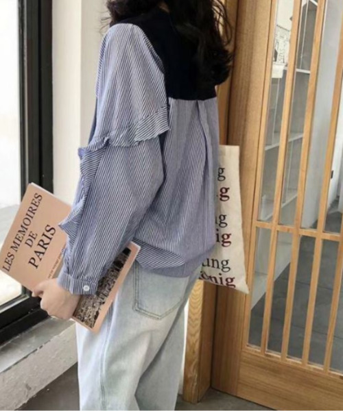 emi+（エミプラス）の「異素材ドッキングストライプシャツ/ブラウス（Tシャツ/カットソー・レディース・ブラック/ネイビー・FREE）」の15枚目の写真