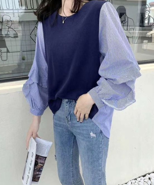 emi+（エミプラス）の「異素材ドッキングストライプシャツ/ブラウス（Tシャツ/カットソー・レディース・ブラック/ネイビー・FREE）」の8枚目の写真