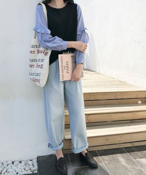 emi+（エミプラス）の「異素材ドッキングストライプシャツ/ブラウス（Tシャツ/カットソー・レディース・ブラック/ネイビー・FREE）」の11枚目の写真
