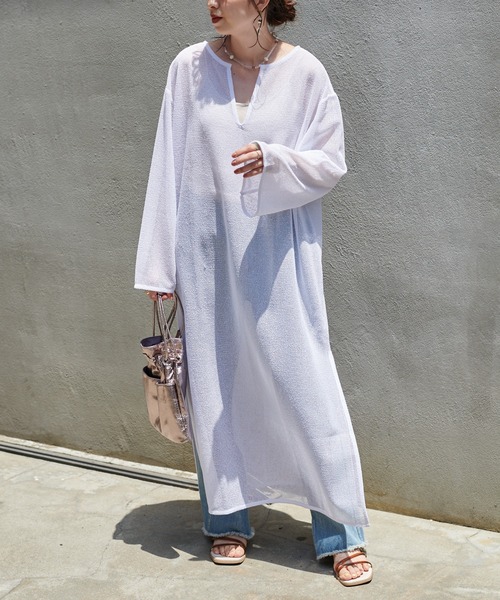 DISCOAT（ディスコート）の「【前後2WAY】メッシュカフタンワンピース（ワンピース・レディース・オフホワイト/アイボリー/ブラック・FREE）」の4枚目の写真