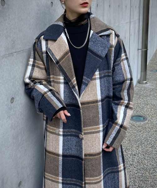&g'aime(アンジェム)の「【&g'aime】チェックチェスターコート(チェスターコート・レディース・ブラック/ネイビー・FREE)」の2枚目の写真