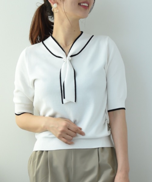 INTERPLANET(インタープラネット)の「天竺配色タイ5分袖ニット(ニット/セーター・レディース・ベージュ/ネイビー/オフホワイト・FREE)」の16枚目の写真
