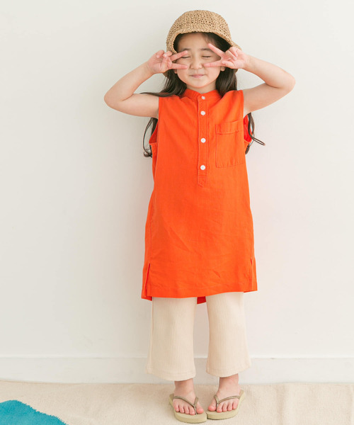 FORK&SPOON（フォークアンドスプーン）の「『親子リンク』FORK&SPOON　ノースリーブシャツワンピース(KIDS)（ワンピース・キッズ・オレンジ/ブラック・135/105/120）」の4枚目の写真