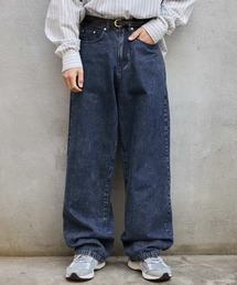 ハイウエストワイドストレート ヴィンテージウォッシュデニムパンツ