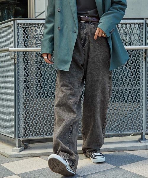 ハイウエストワイドストレート ヴィンテージウォッシュデニムパンツ